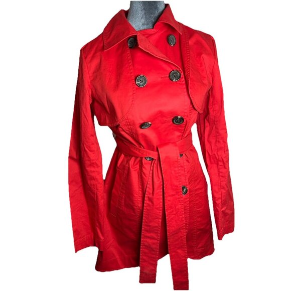 CAbi Dresses & Skirts - Cabi Red Trench Coat Sz 6 Jacket Detachable Upper Double Breasted Belted Convert